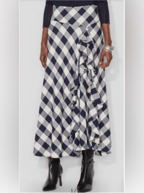 Ralph Lauren Navy and White Gingham Ruffle Maxi Skirt Size 2